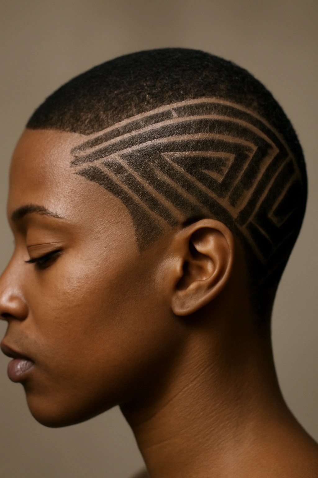 Close-up of line designs shaved into scalp highlighting cultural significance