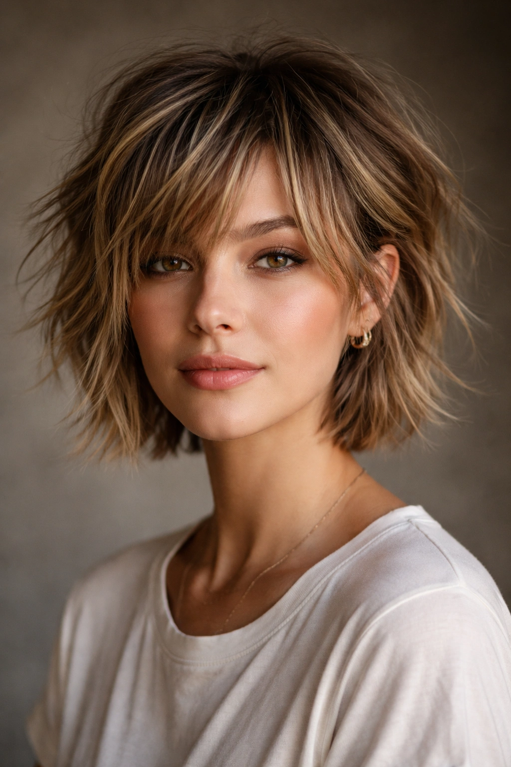Head-and-shoulders shot of a lived-in choppy short cut with tousled texture.