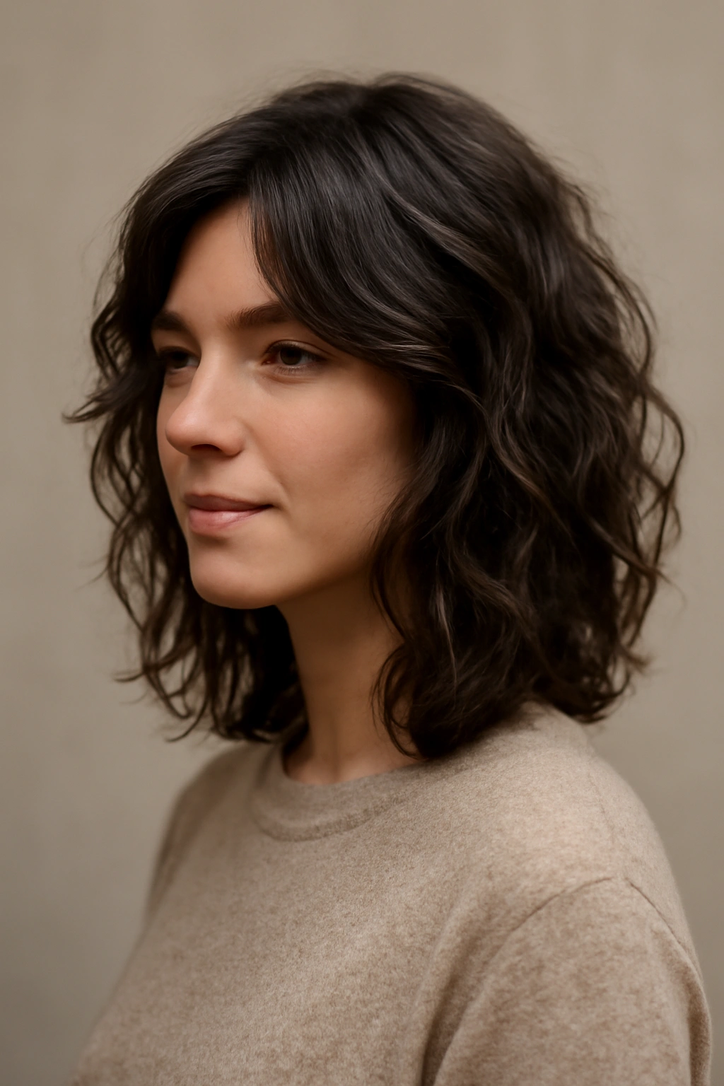 Shoulder-length lob with soft layers on thick, wavy hair