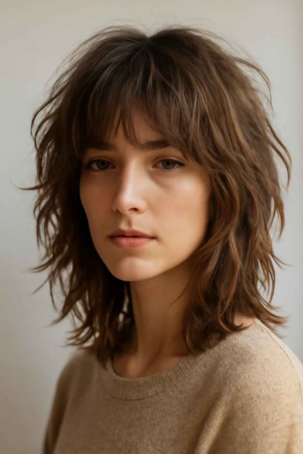 Model with lived-in shag hairstyle featuring messy, textured layers