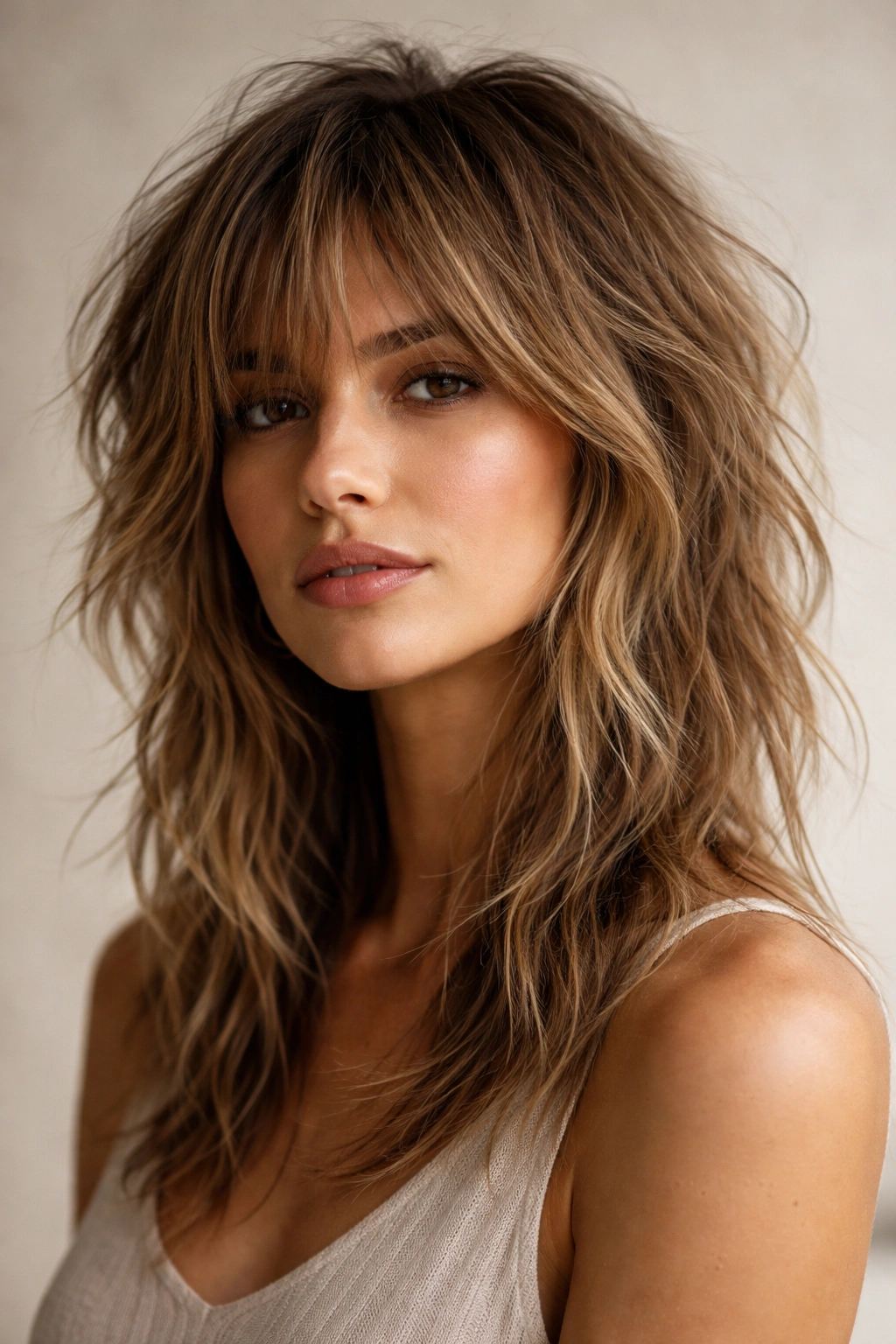 Model with textured lived-in shag featuring choppy layers and natural movement