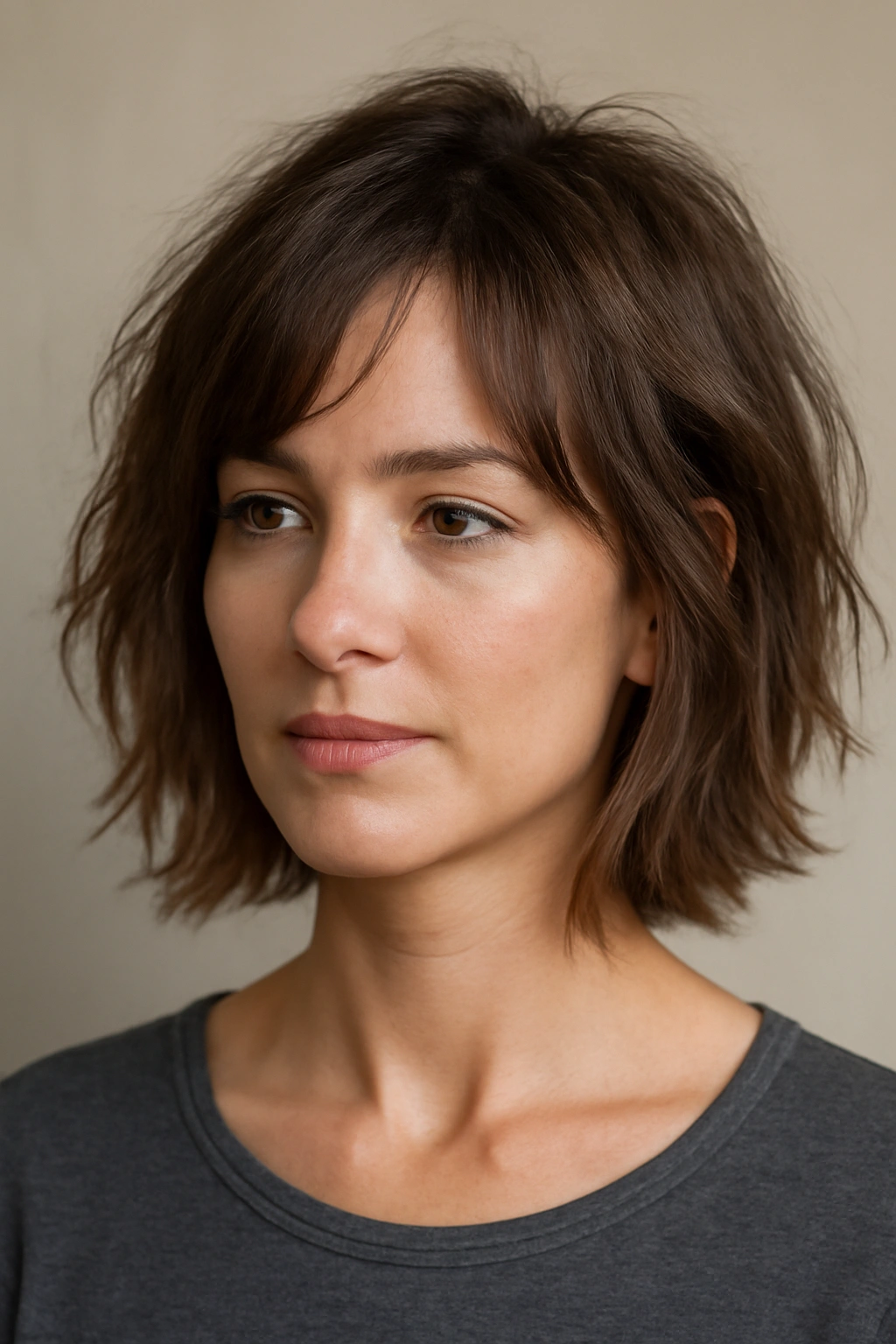 Choppy lob on fine, wavy hair with cheekbone layers and textured ends