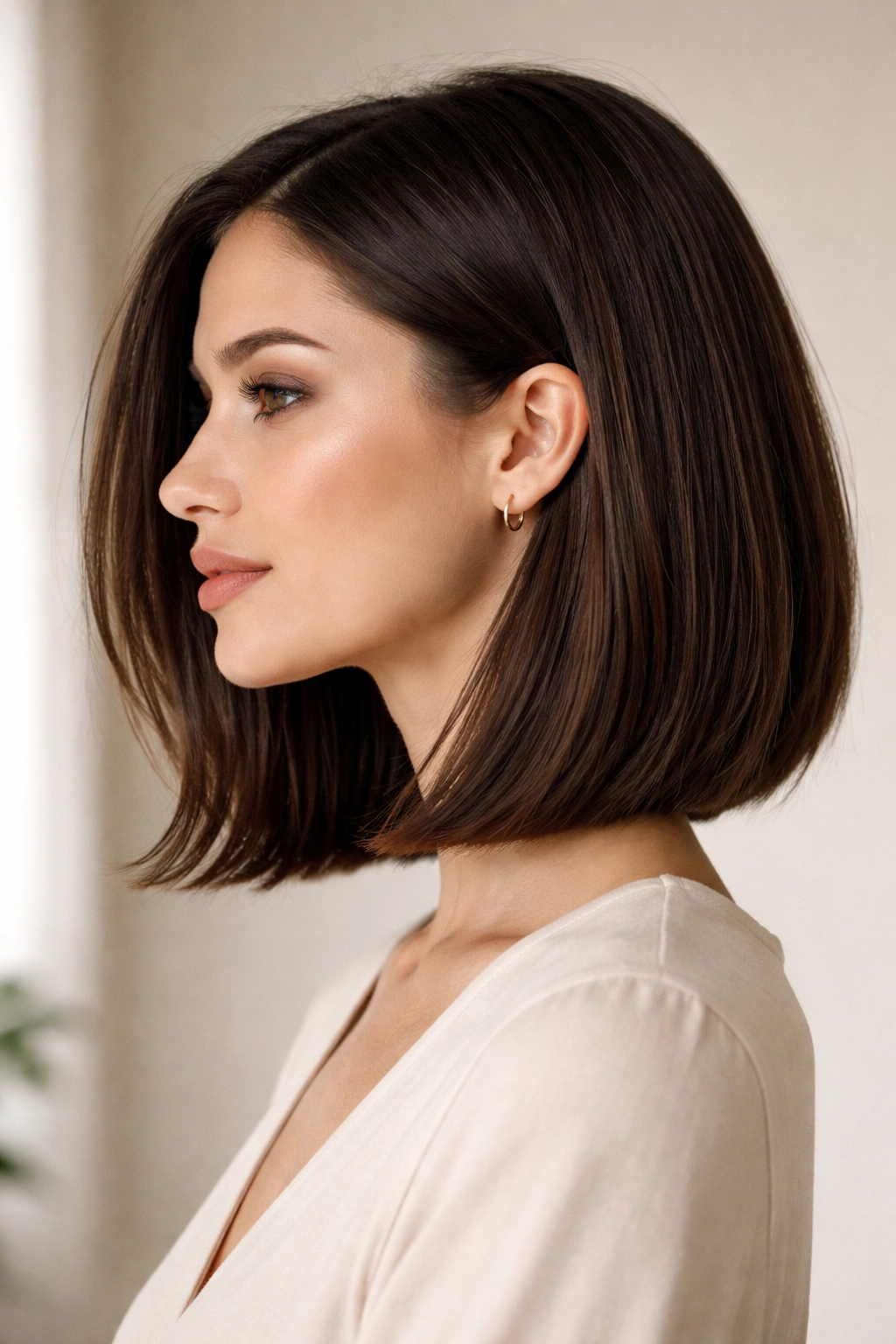Profile portrait of a person with a sleek lob haircut in studio lighting