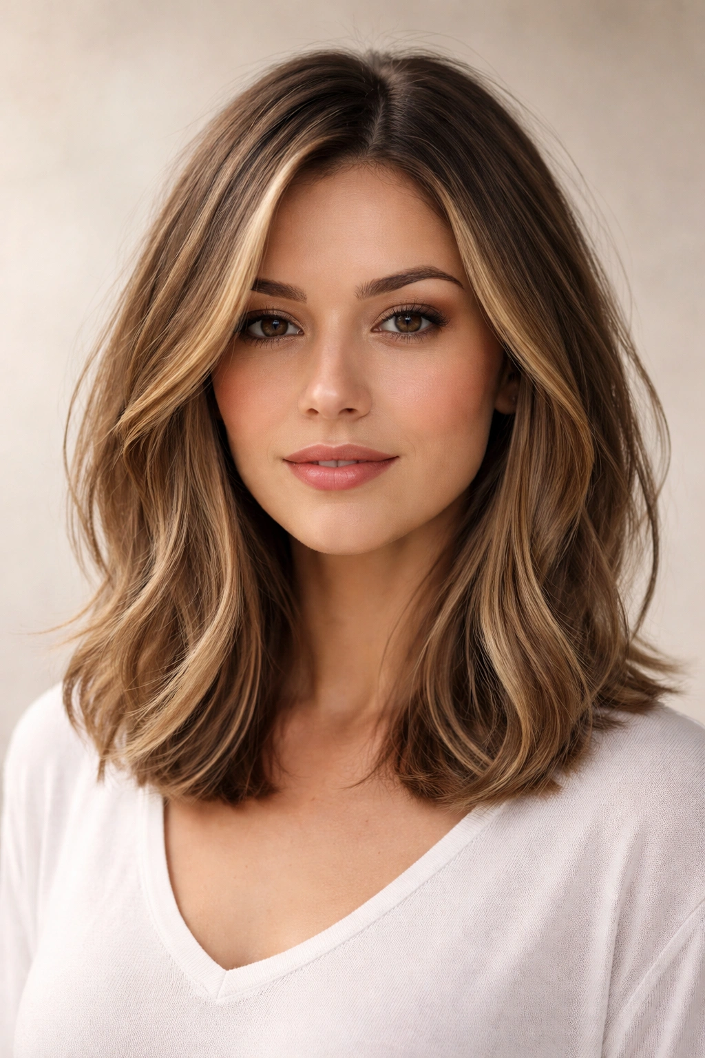 Lob hairstyle with chin-to-collarbone length and subtle face-framing layers in studio portrait