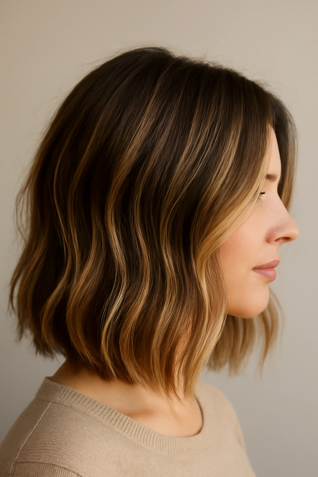 Mid-shoulder lob with scattered highlights for a natural, dimensional look