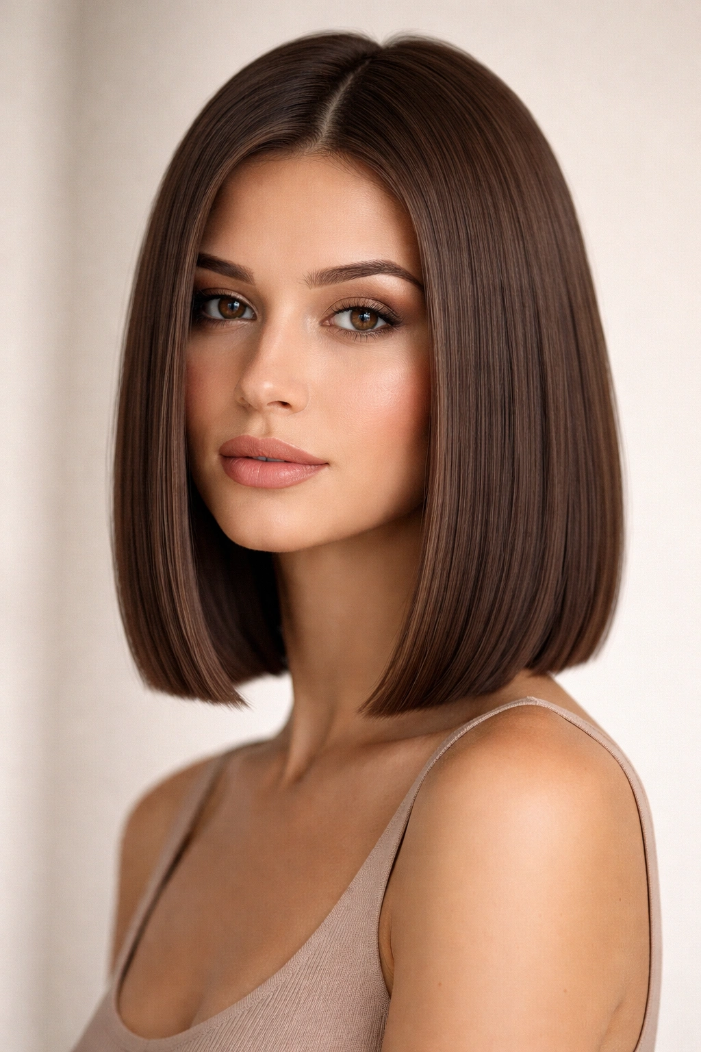 Portrait of a shoulder-length lob with straight edges and minimal layering