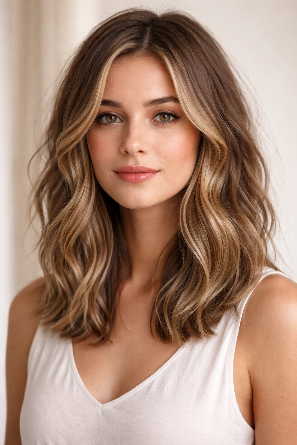 Textured long bob on wavy hair with face-framing pieces