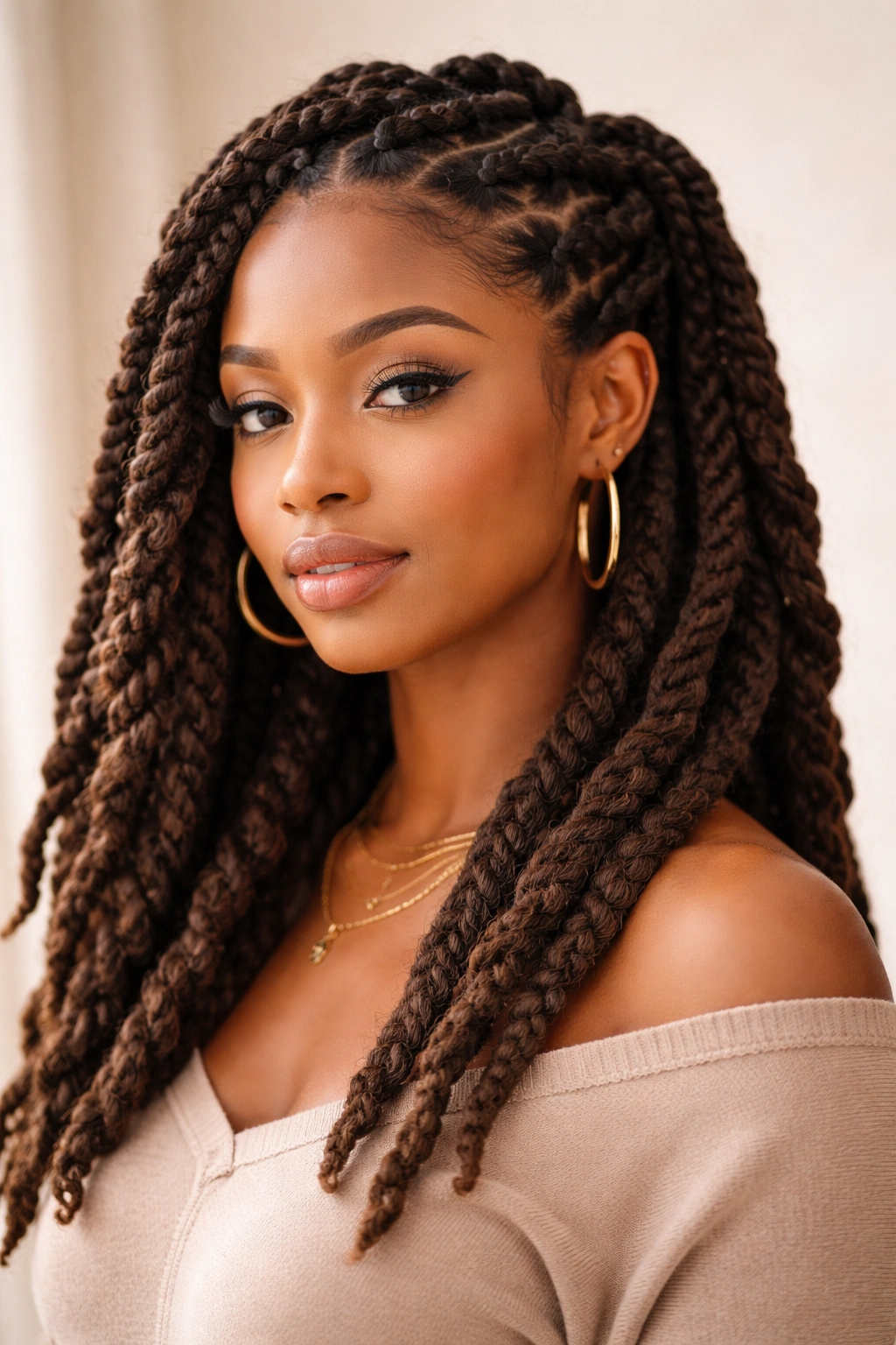 Thick loc braids woven into a structured pattern on the head