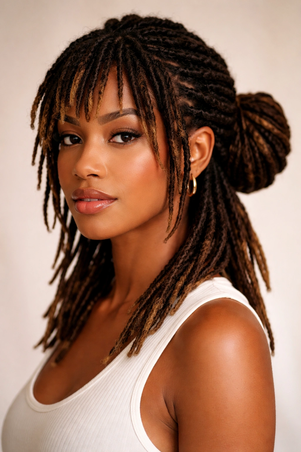 Portrait of a mullet loc with a low bun at the nape and front locs styled