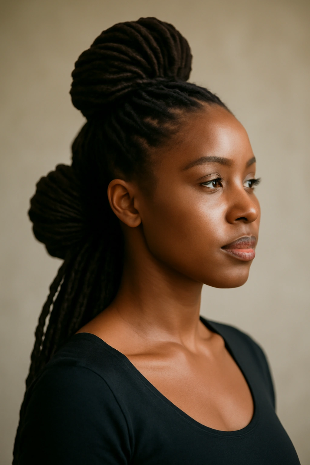 Person with sculptural loc buns in crown and nape upstyle