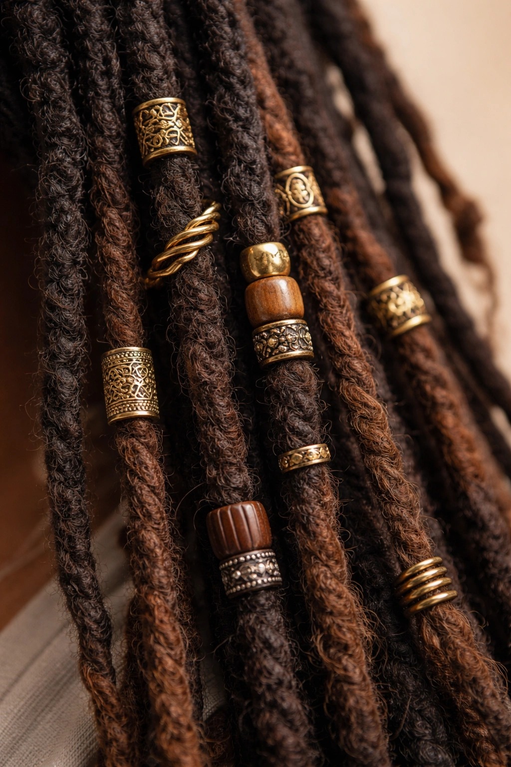 Dreadlocks adorned with metallic gold cuffs and rings