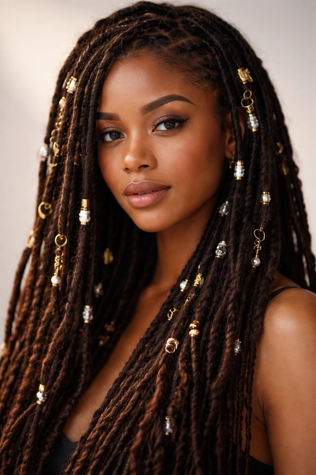 Decorated locs with metallic cuffs and rings along strands.