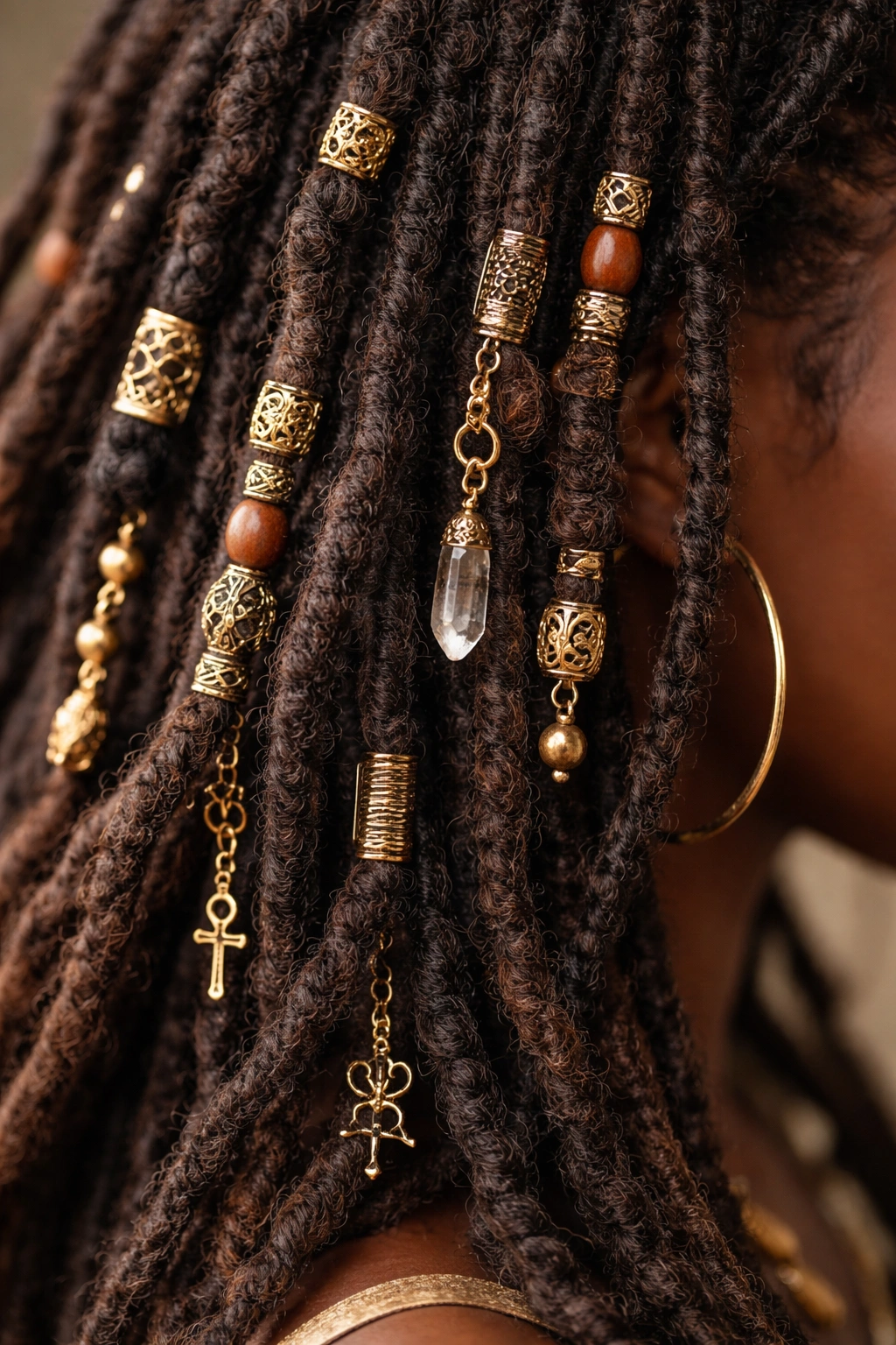Close-up of locs adorned with beads and cuffs