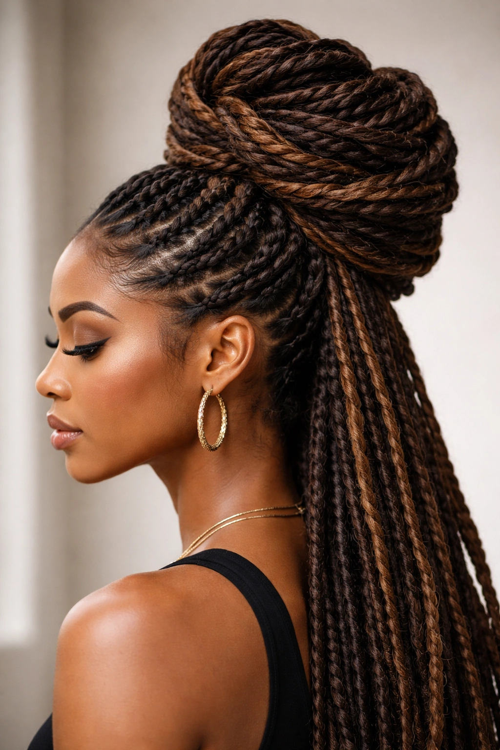 Loc Updos Beyond the Bun: elaborate twisted updo on long locs.