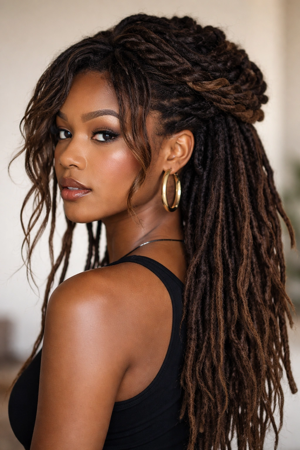 Close up of an elaborate loc updo with crown braid and loose front mullet