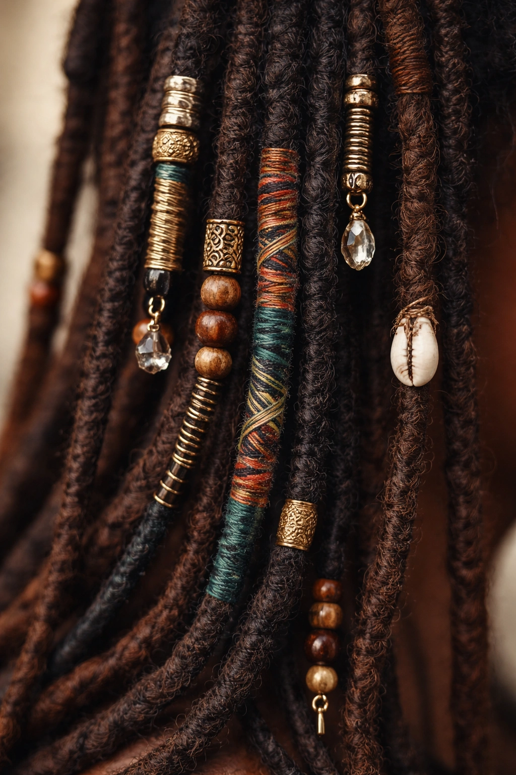 Dreadlocks decorated with wraps and beads on individual strands