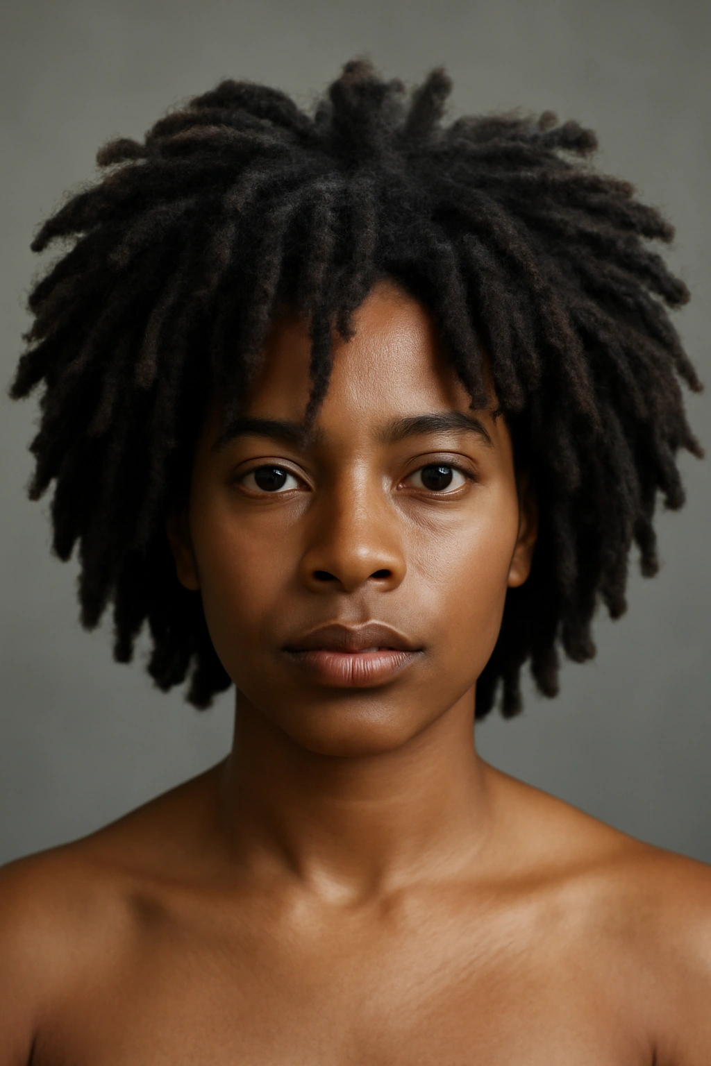 Close-up of locs forming a rounded afro silhouette with mixed baby and mature loc textures.