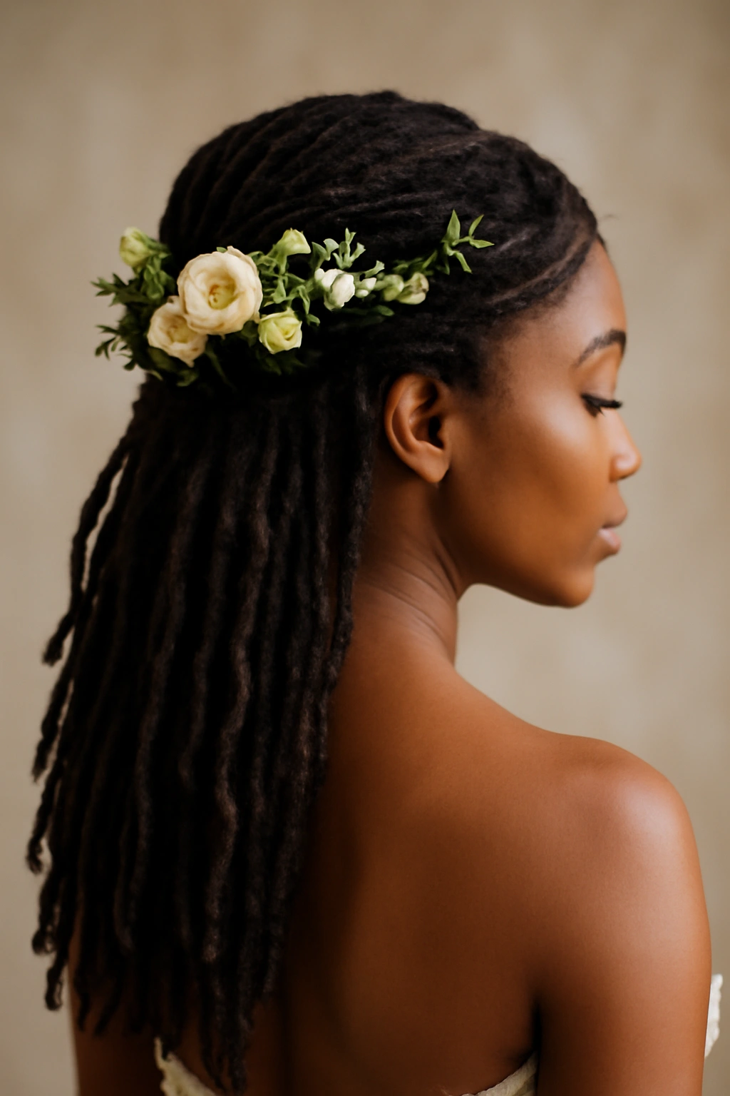 Half-up locs with fresh flowers woven through the gathered section