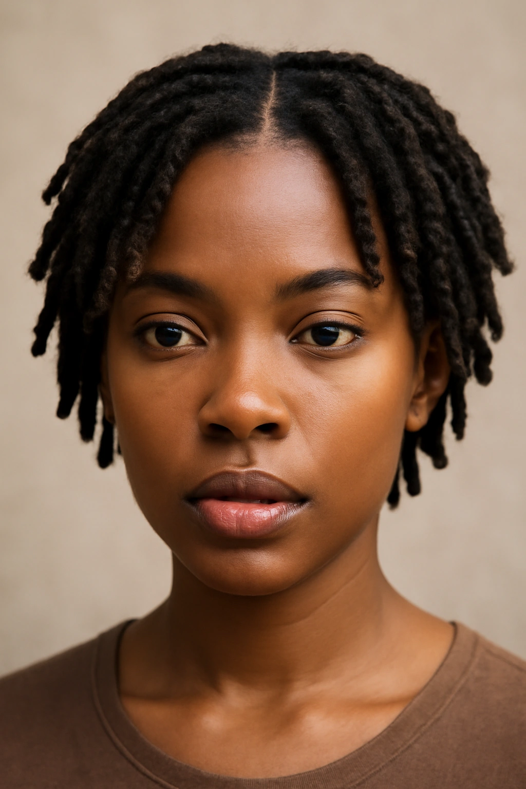 Close-up of a person with short textured locs and center part in a studio