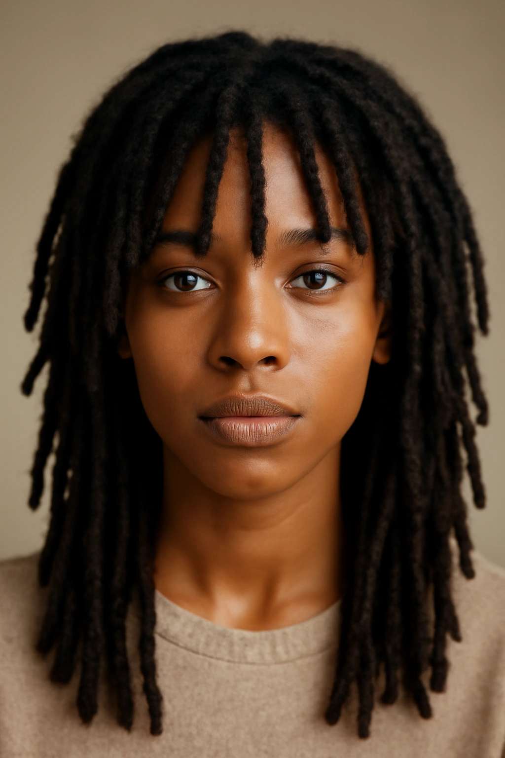 Close-up of a person with face-framing front locs