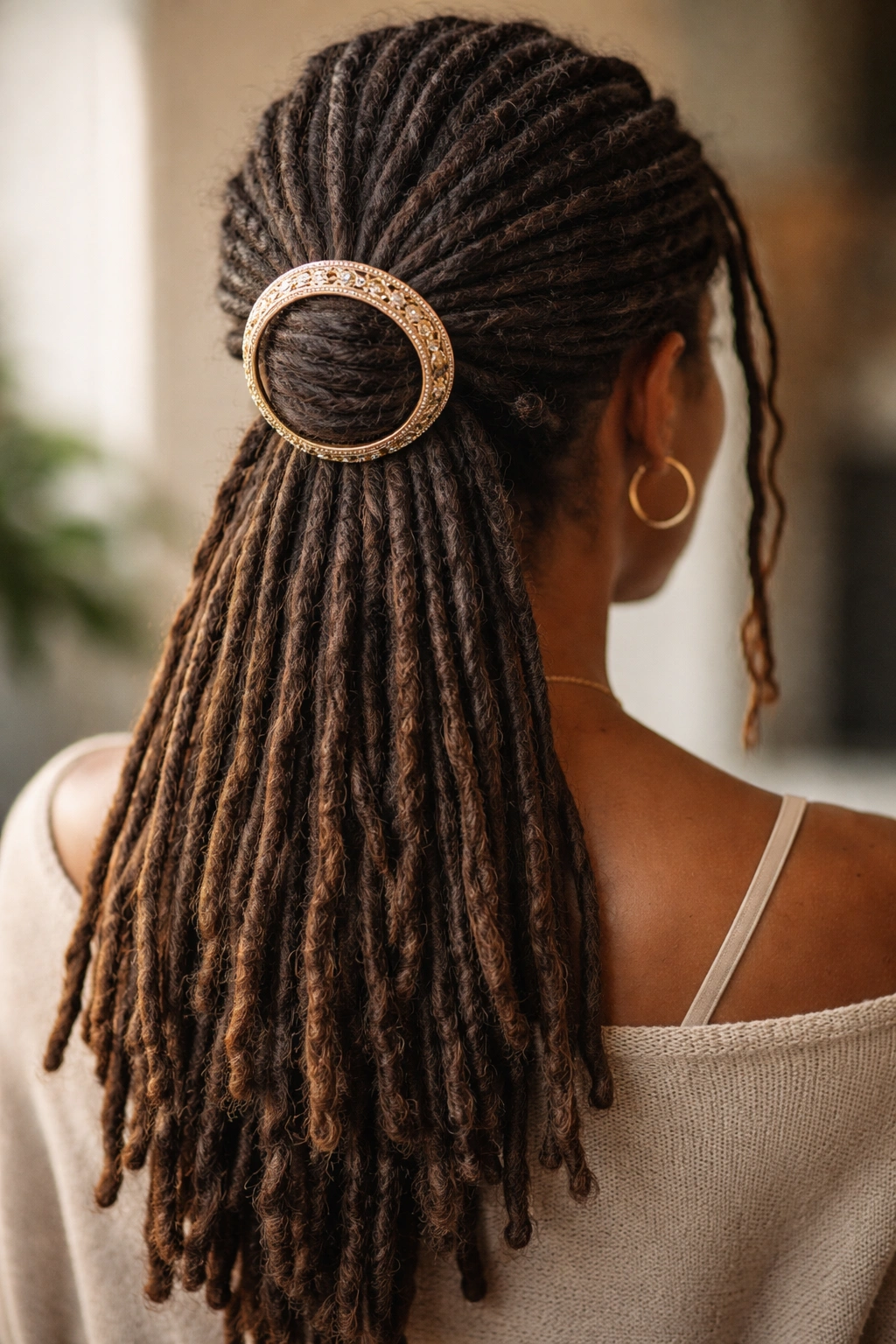 Back view of dreadlocks pulled through a large decorative hair ring at the back of the head
