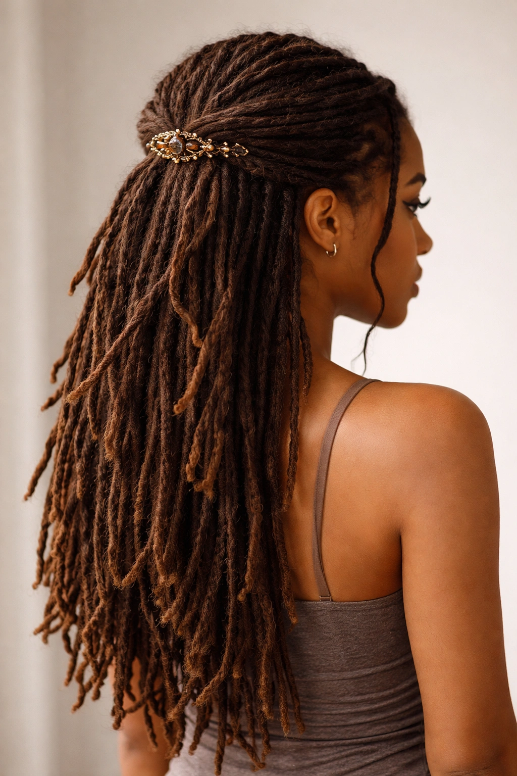 Half-up dreadlocks pinned with a clip