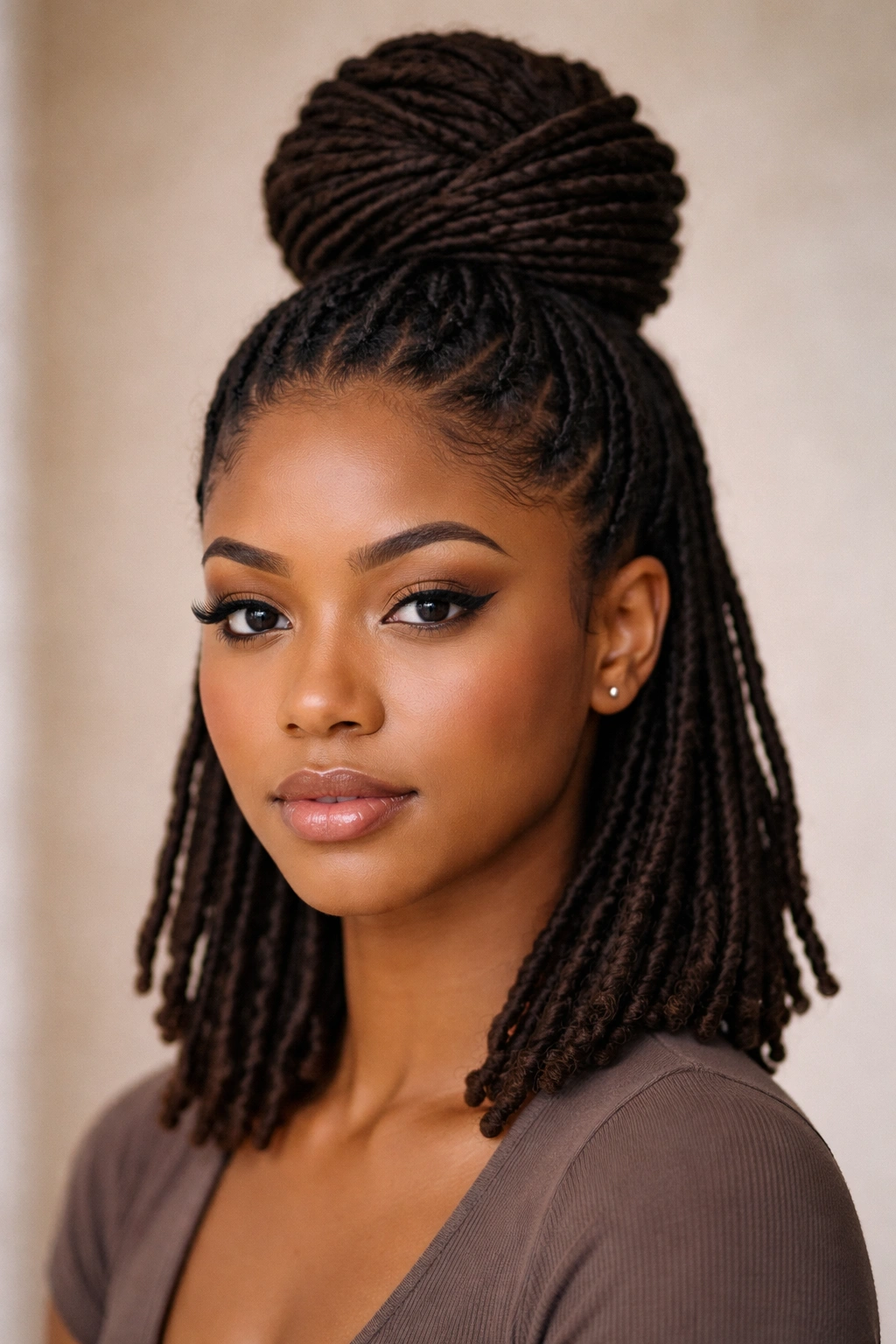 Close-up of a high loc bun on short to shoulder-length locs with textured coils