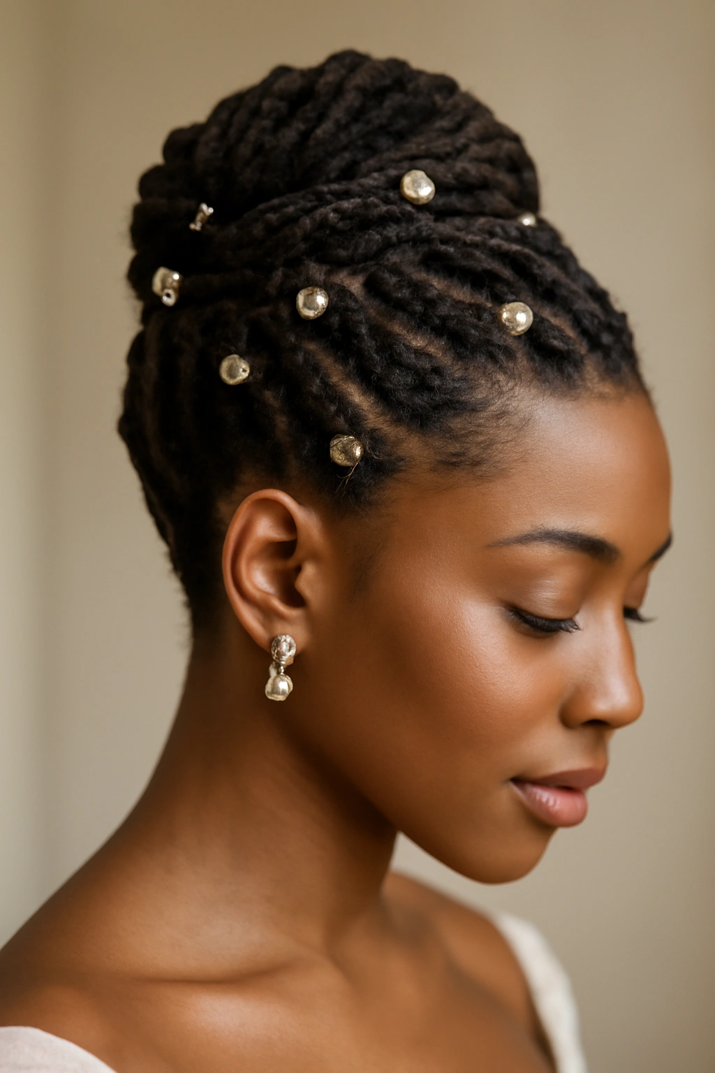 Short locs styled with jeweled accessories for wedding