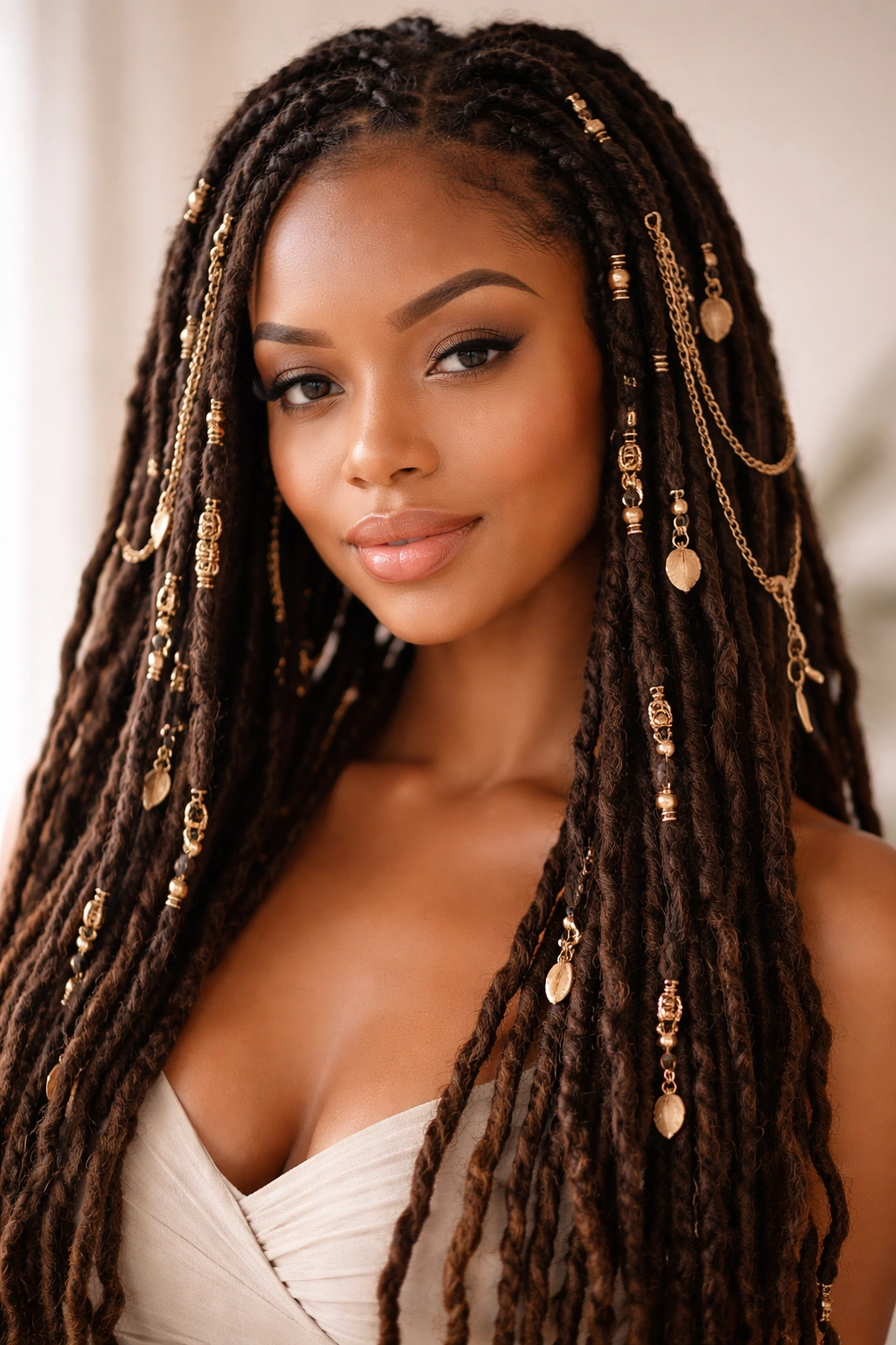 Close-up of locs woven with beads and chains, highlighting jewelry adornments