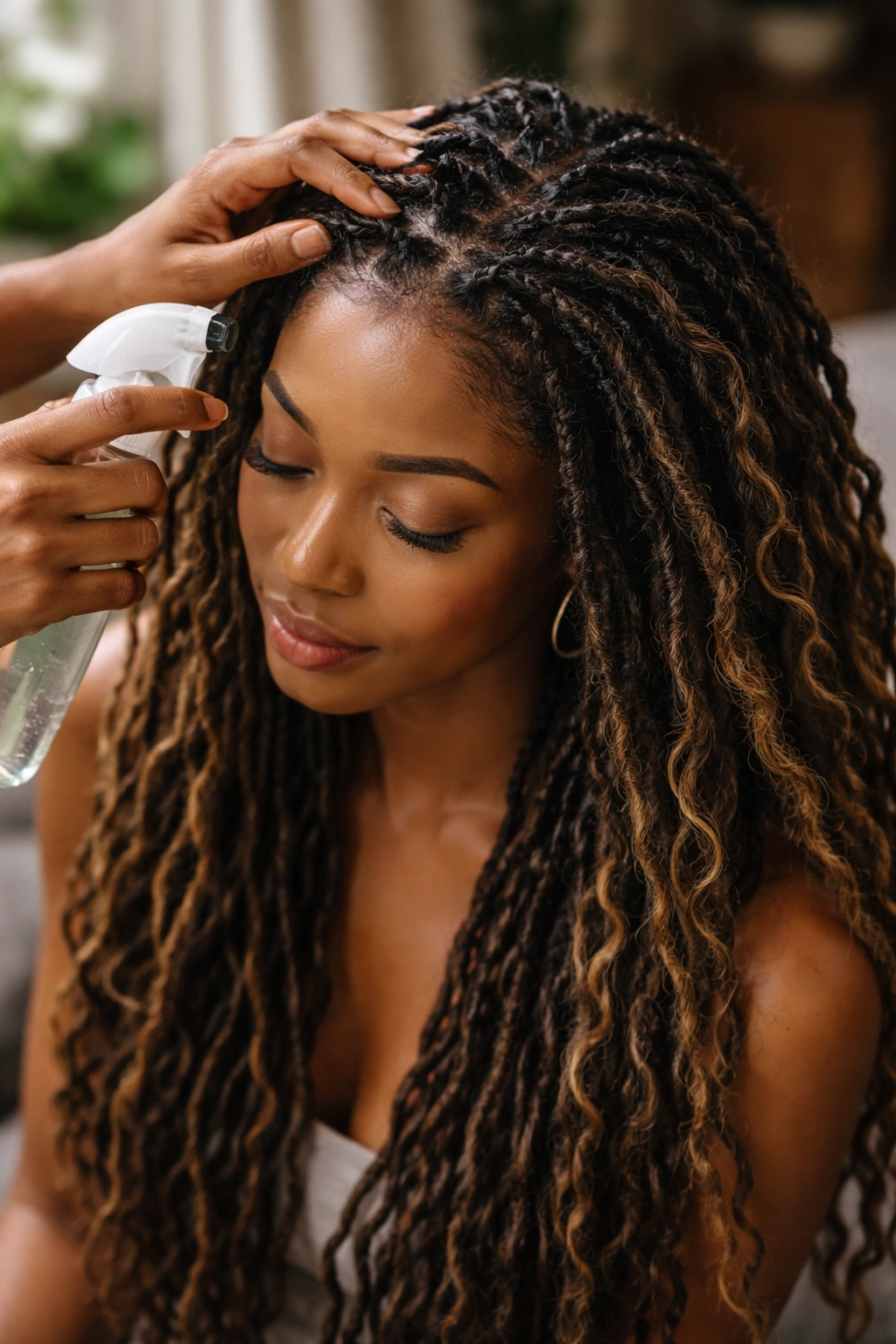 Close-up of goddess locs being moisturized to maintain health between styles