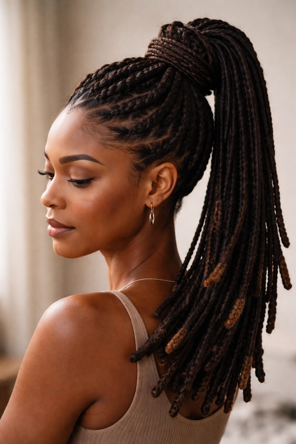 Locs styled into a high ponytail with wrapped tips and crown