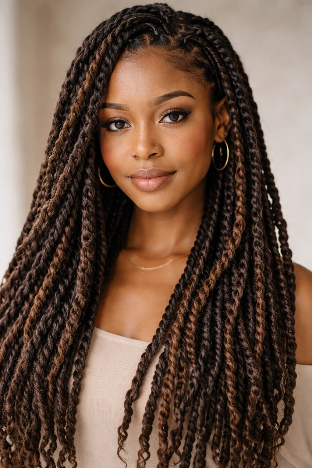 Two-strand twists within locs creating rope-like texture on medium to long locs