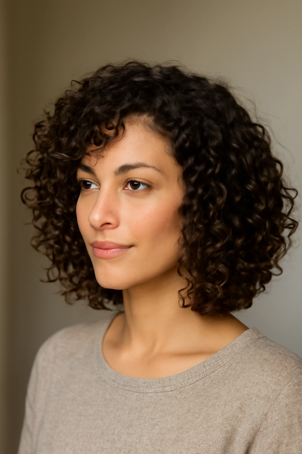 Head-and-shoulders shot of a long angled lob on curly hair.