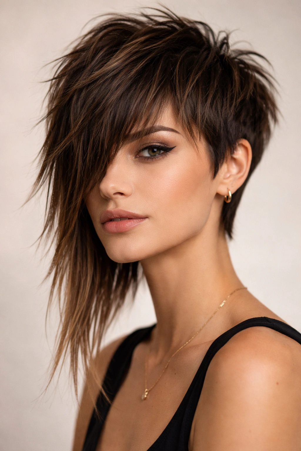 Choppy pixie with long textured bangs framing the face