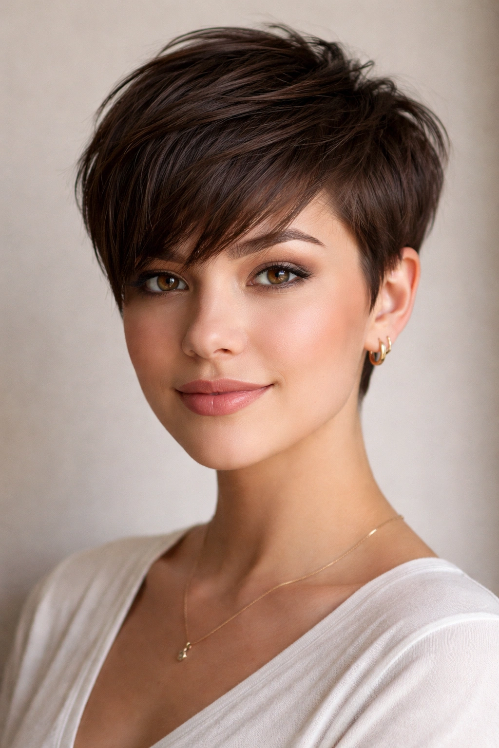Portrait of pixie with long textured bangs across forehead on a round face