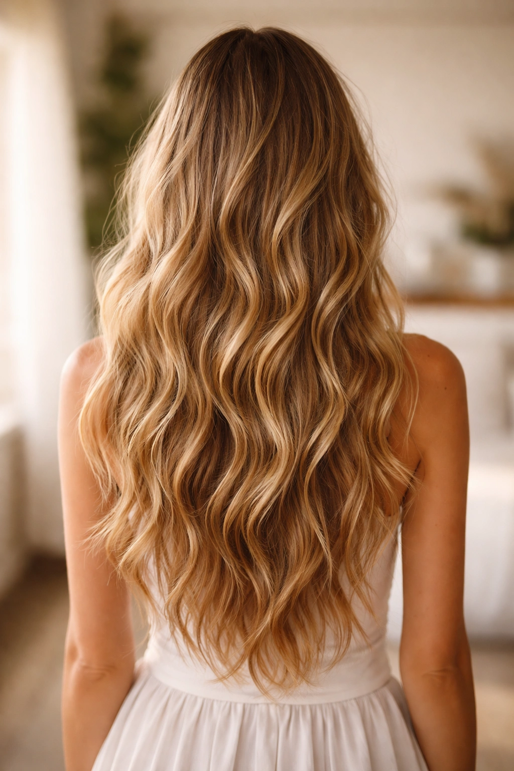 Long hair with soft beachy waves mid-back length