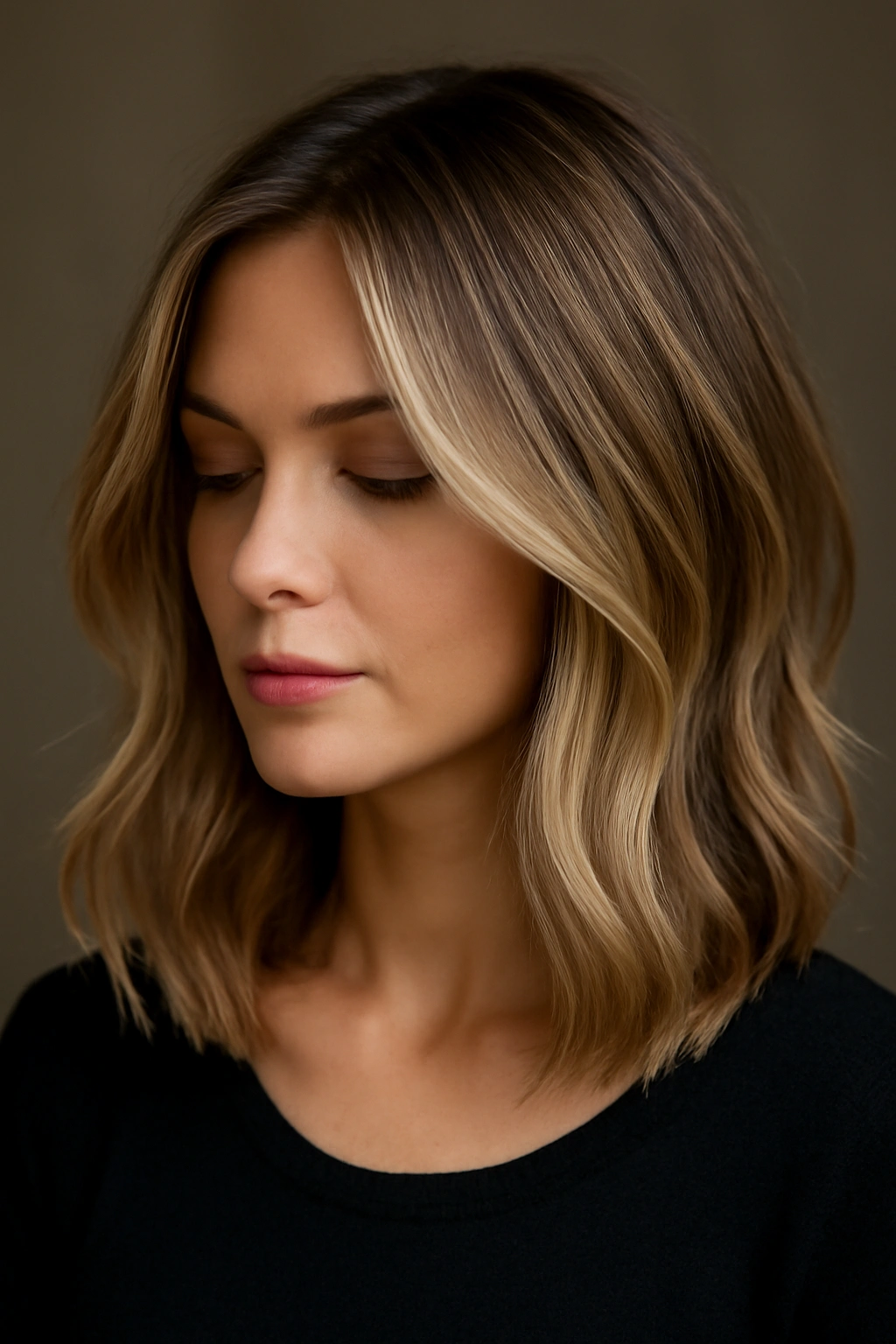 Close-up of a shoulder-length long bob with dimensional balayage highlights showcasing texture.