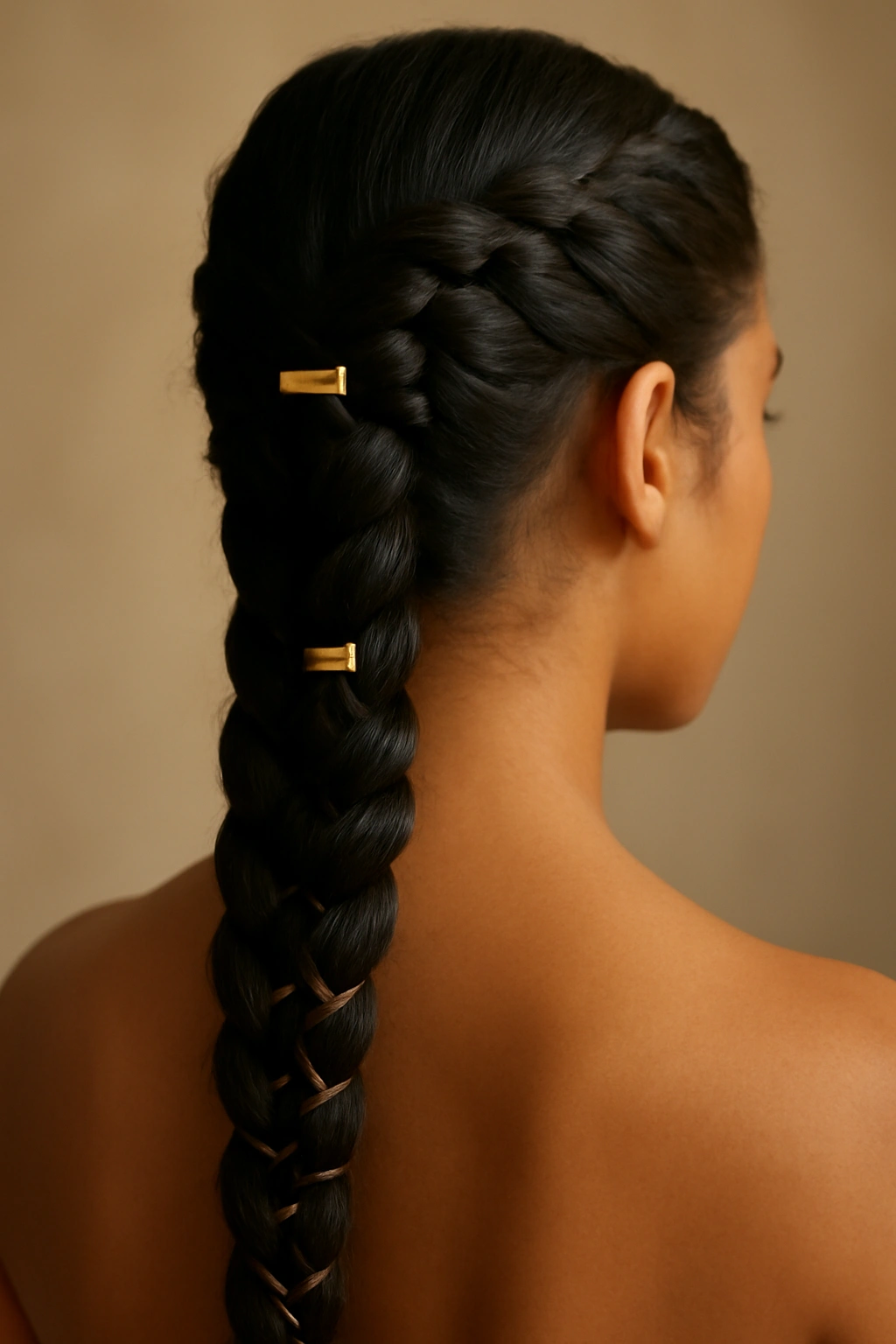 Long braids with gold accessories, shimmering clips and threading