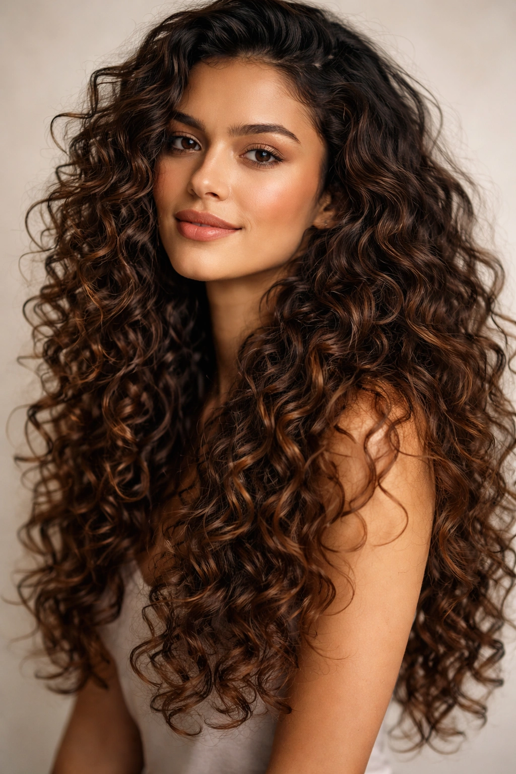 Close-up of long curly hair embracing natural texture with layered curls in soft studio lighting