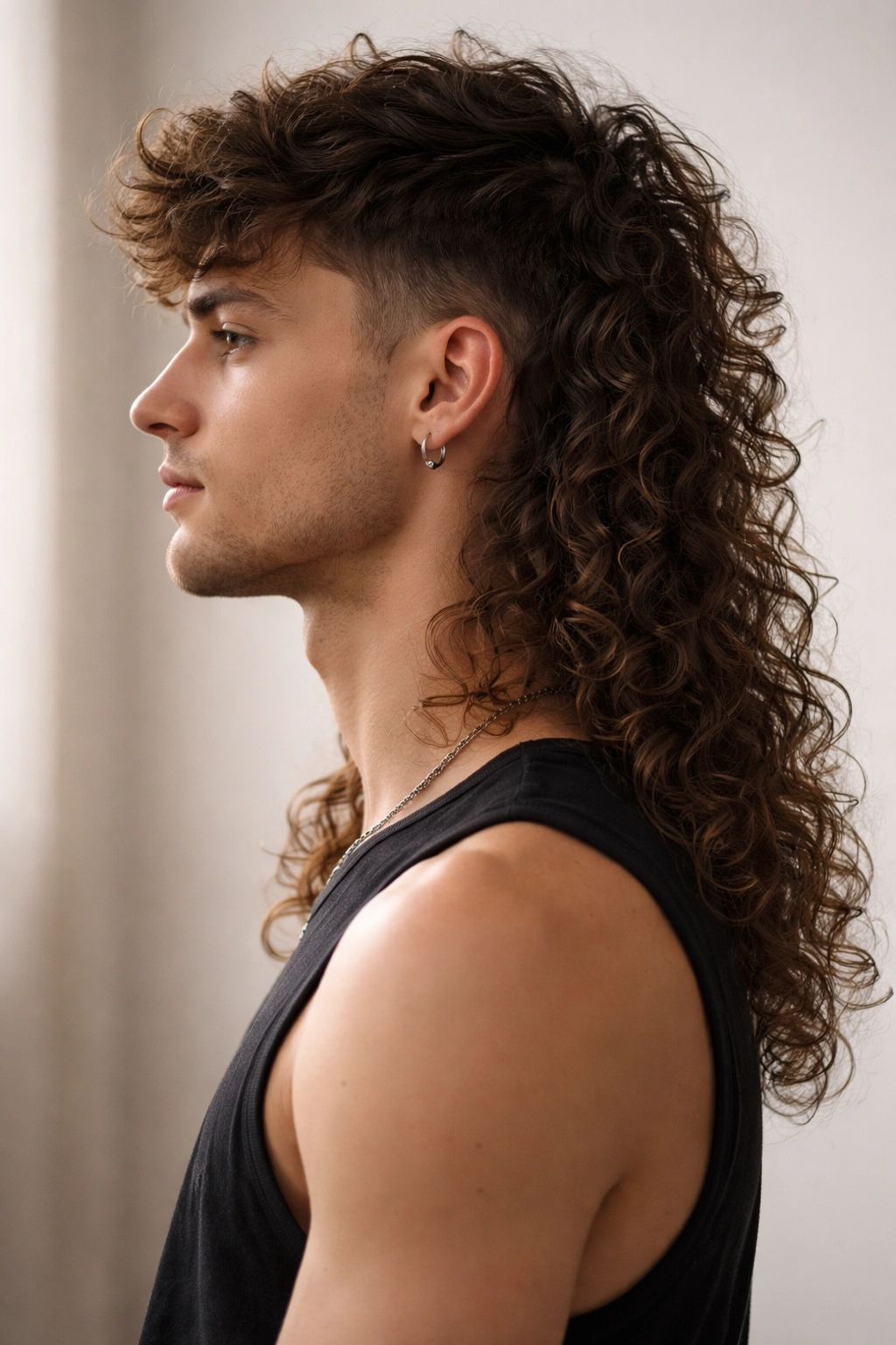 Profile view of a long curly mullet with short front and shoulder-length back curls.