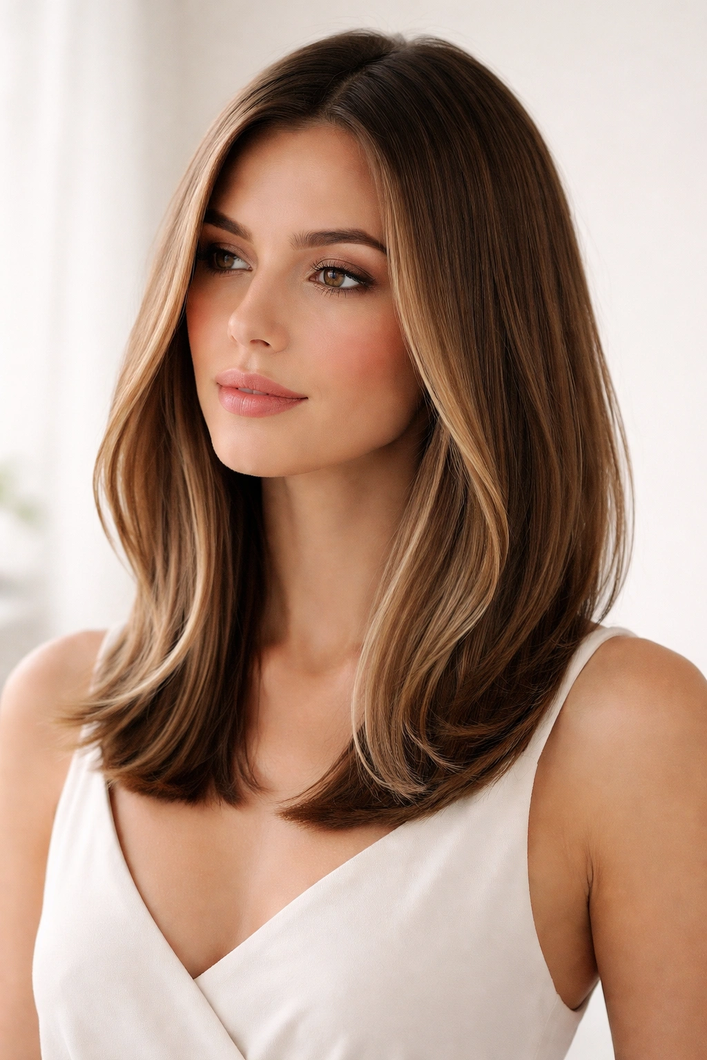 Long elegant lob hairstyle from collarbone to mid-shoulder with sleek shine