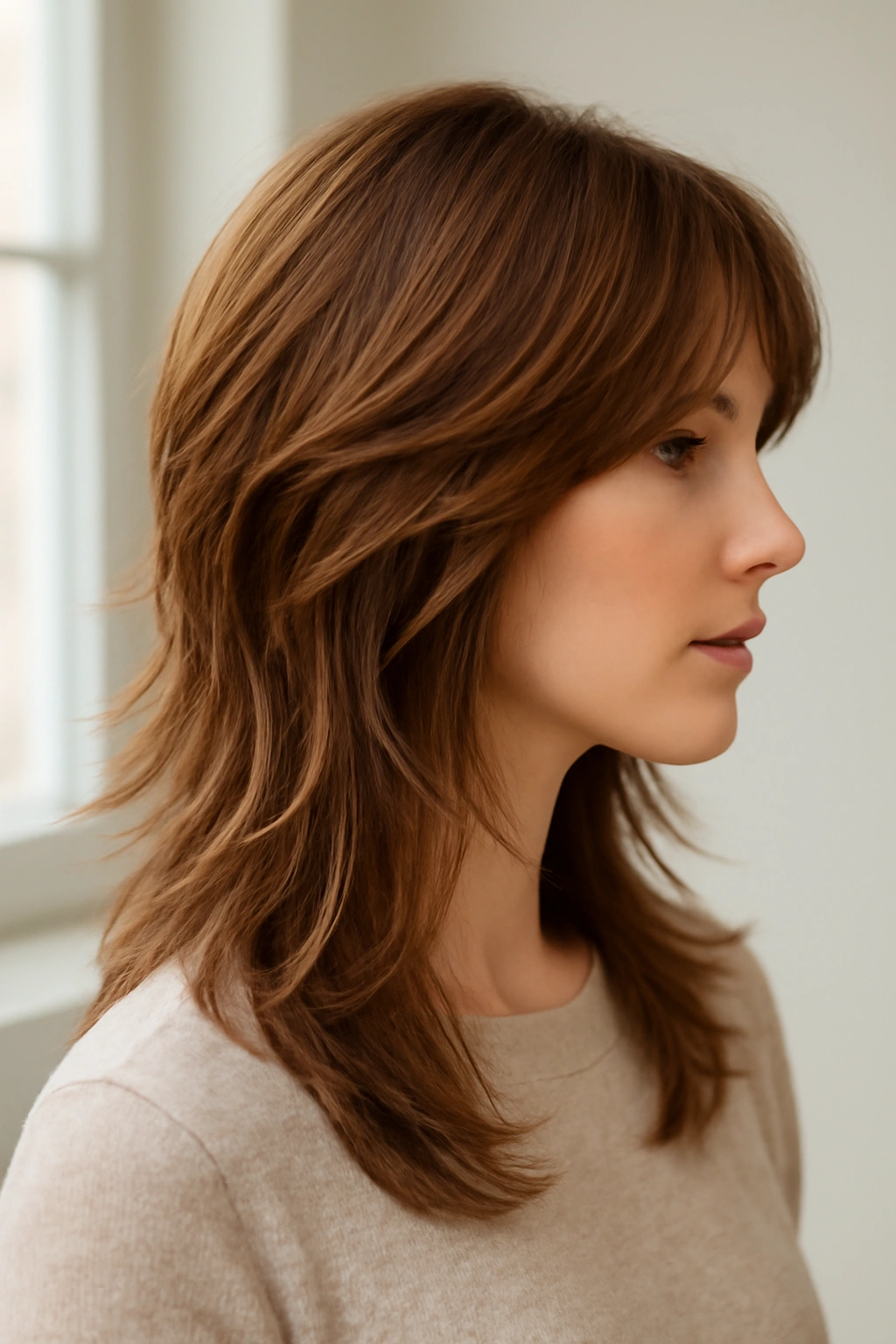 Long hair with feathered layers creating a winged, airy movement