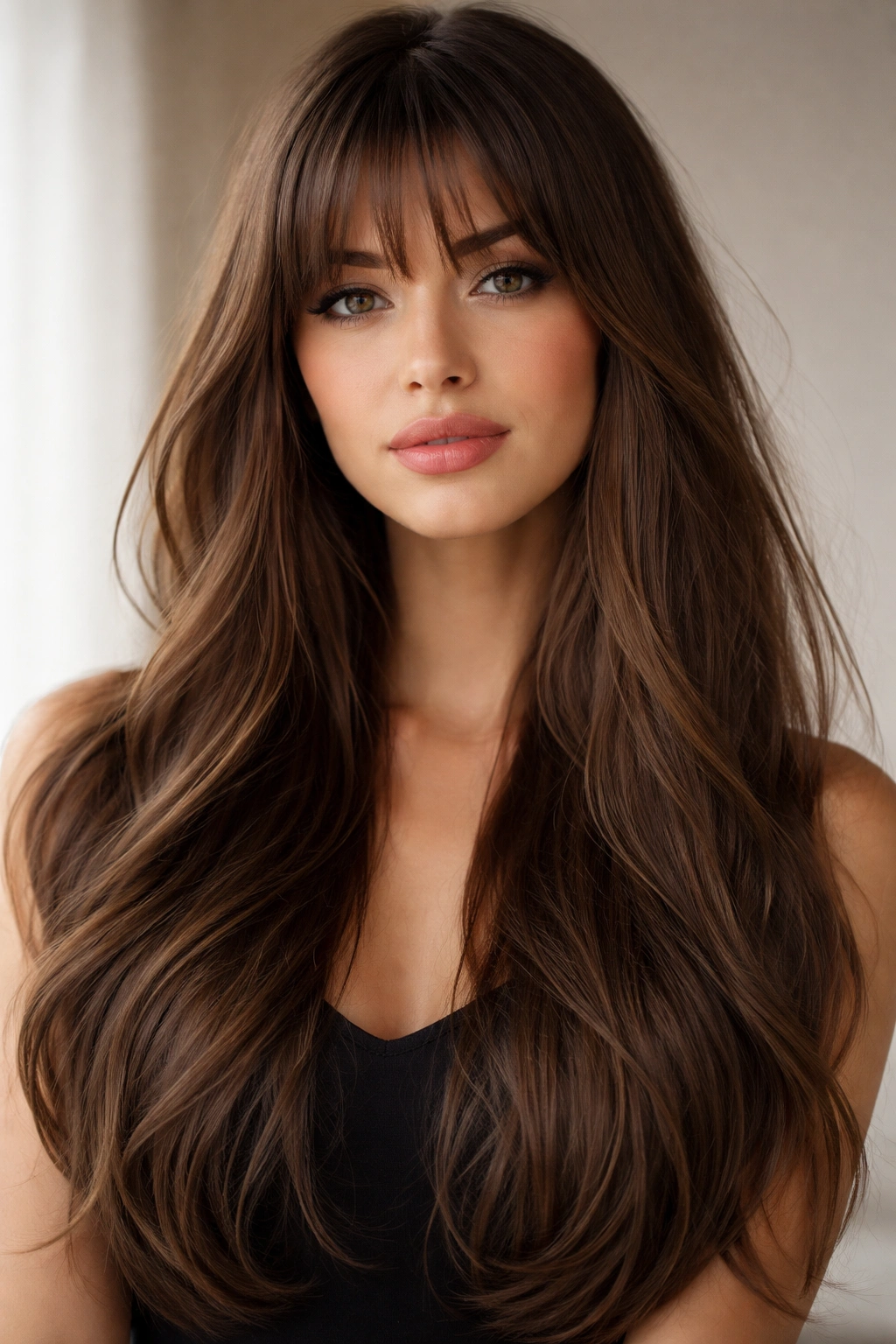 Long hair with bangs framing the face in a studio portrait