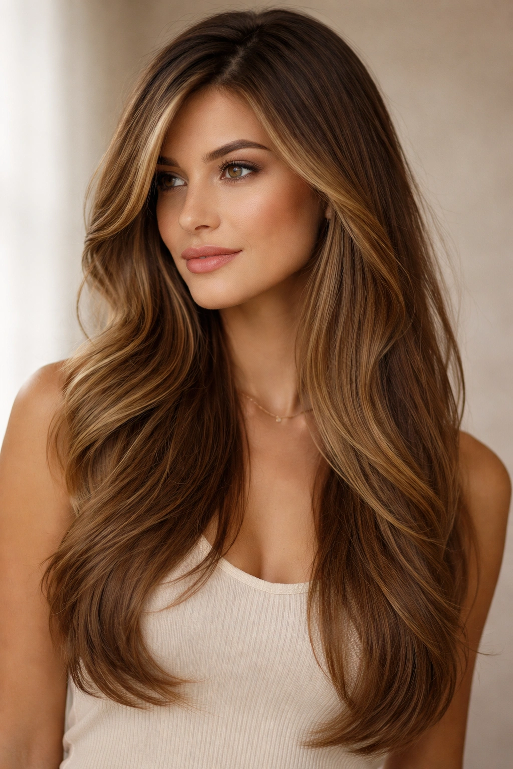 Long hair with curtain layers framing the face along a side part