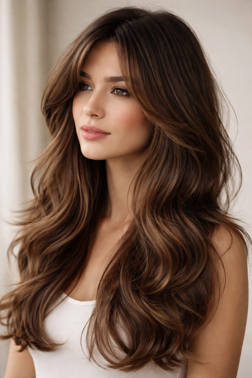 Portrait of Long Hair with Face-Framing Layers and Waves showing ear-level layers and soft waves