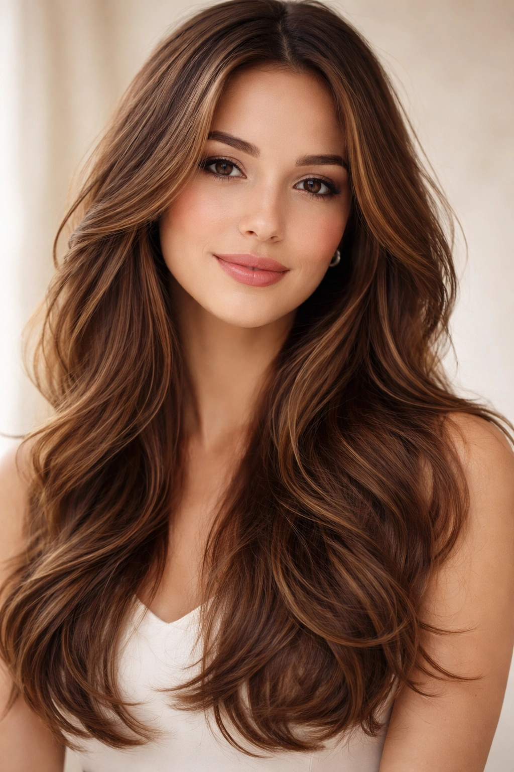 Side view of long layered waves framing an oval face, with soft movement and shine