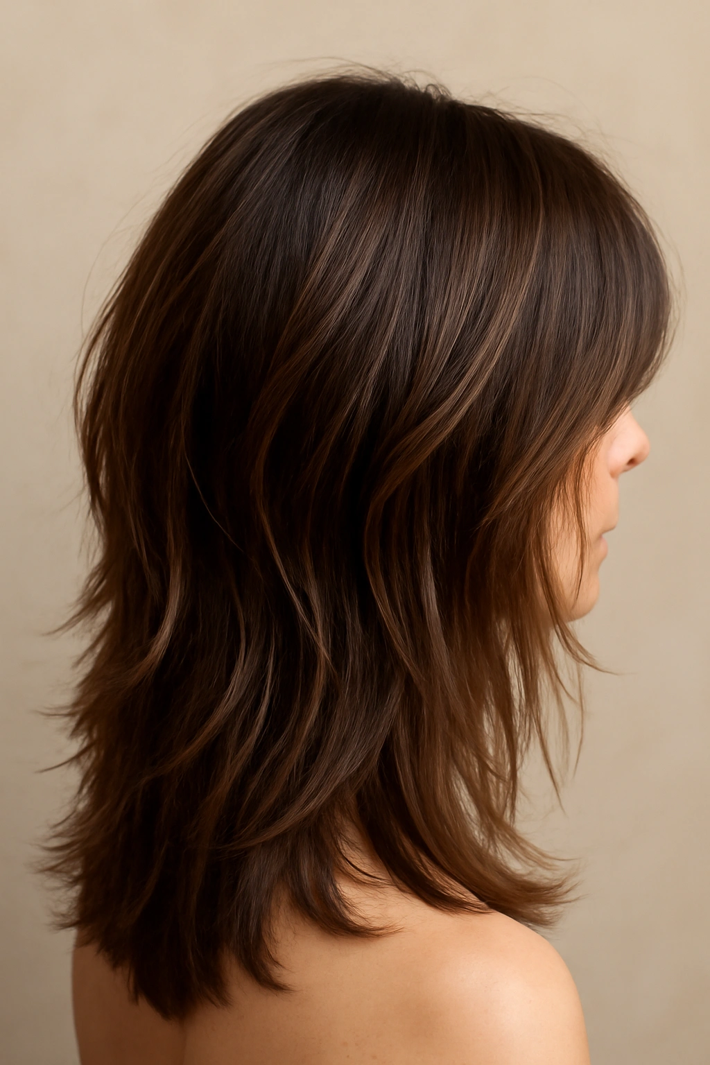 Close-up of long hair with disconnected piece-y layers showing movement and texture in studio lighting