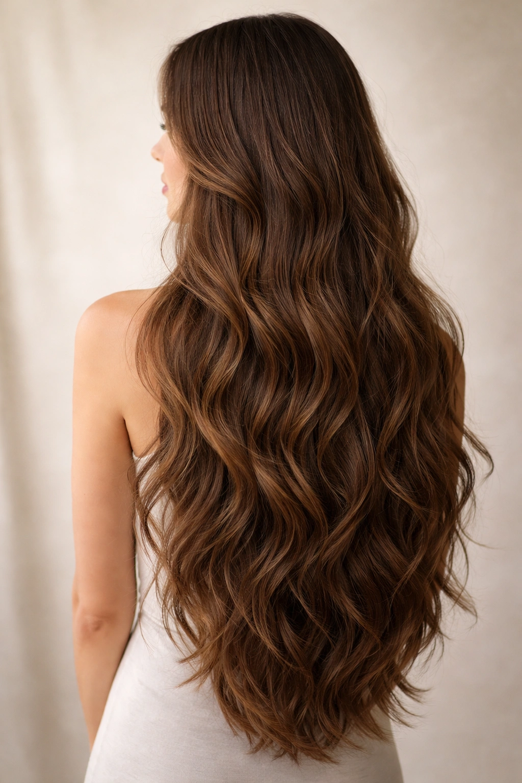 Waist-length hair with abundant texture and minimal layering in waves