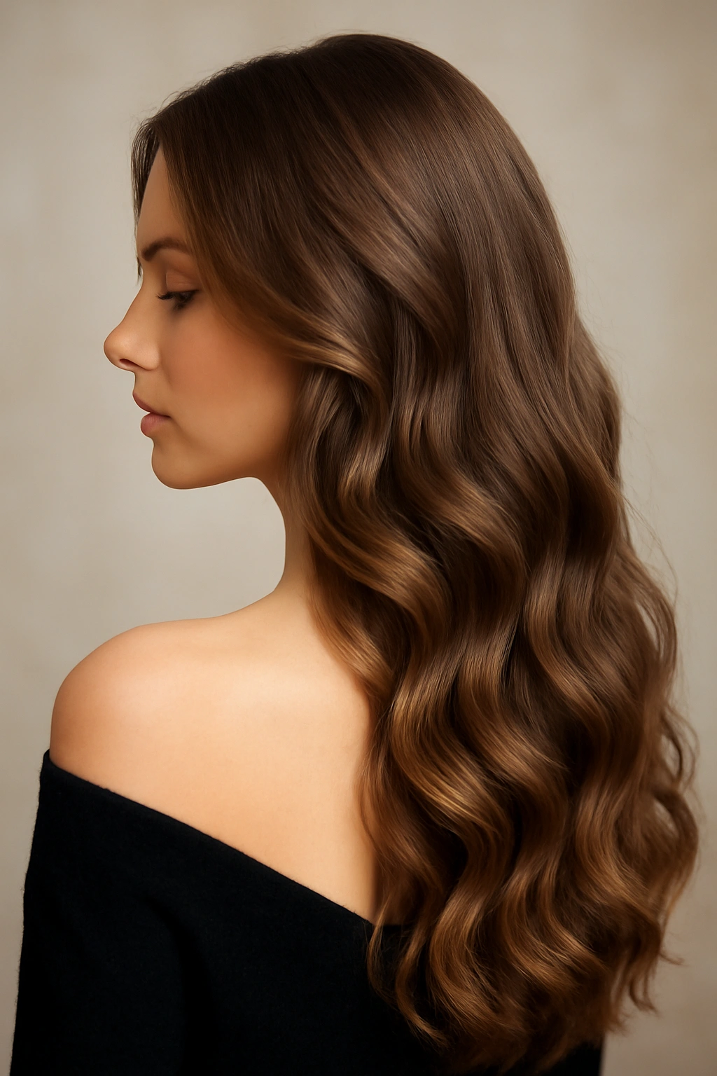 Close-up of long hair styled in loose romantic waves for a formal look