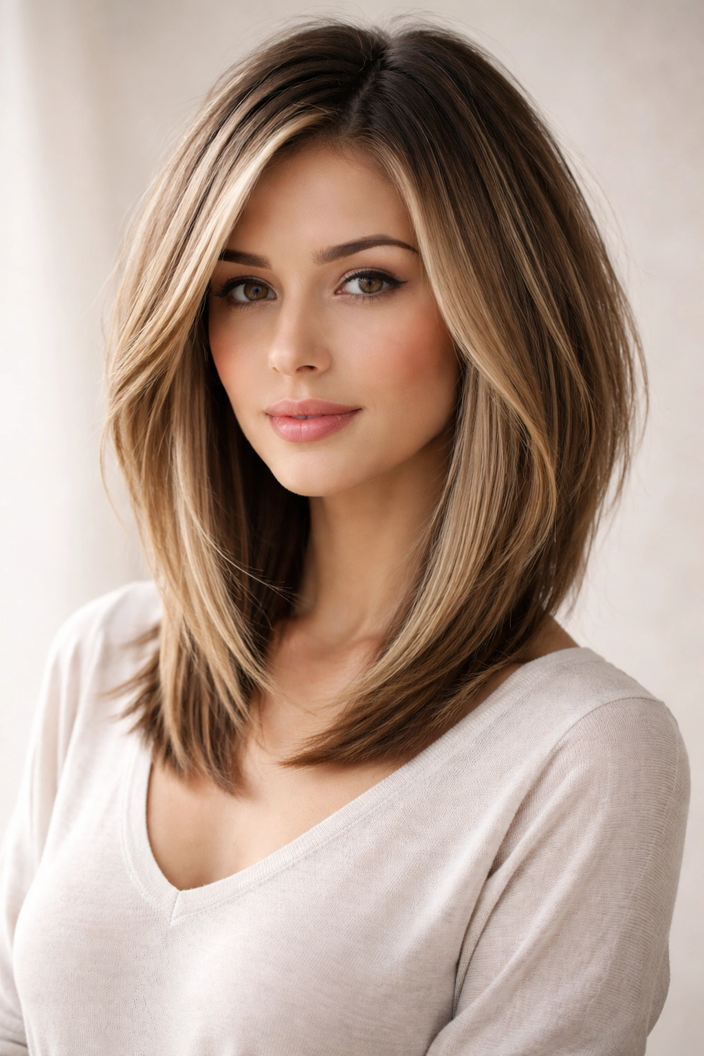 Portrait of a person with long inverted bob and subtle layers.